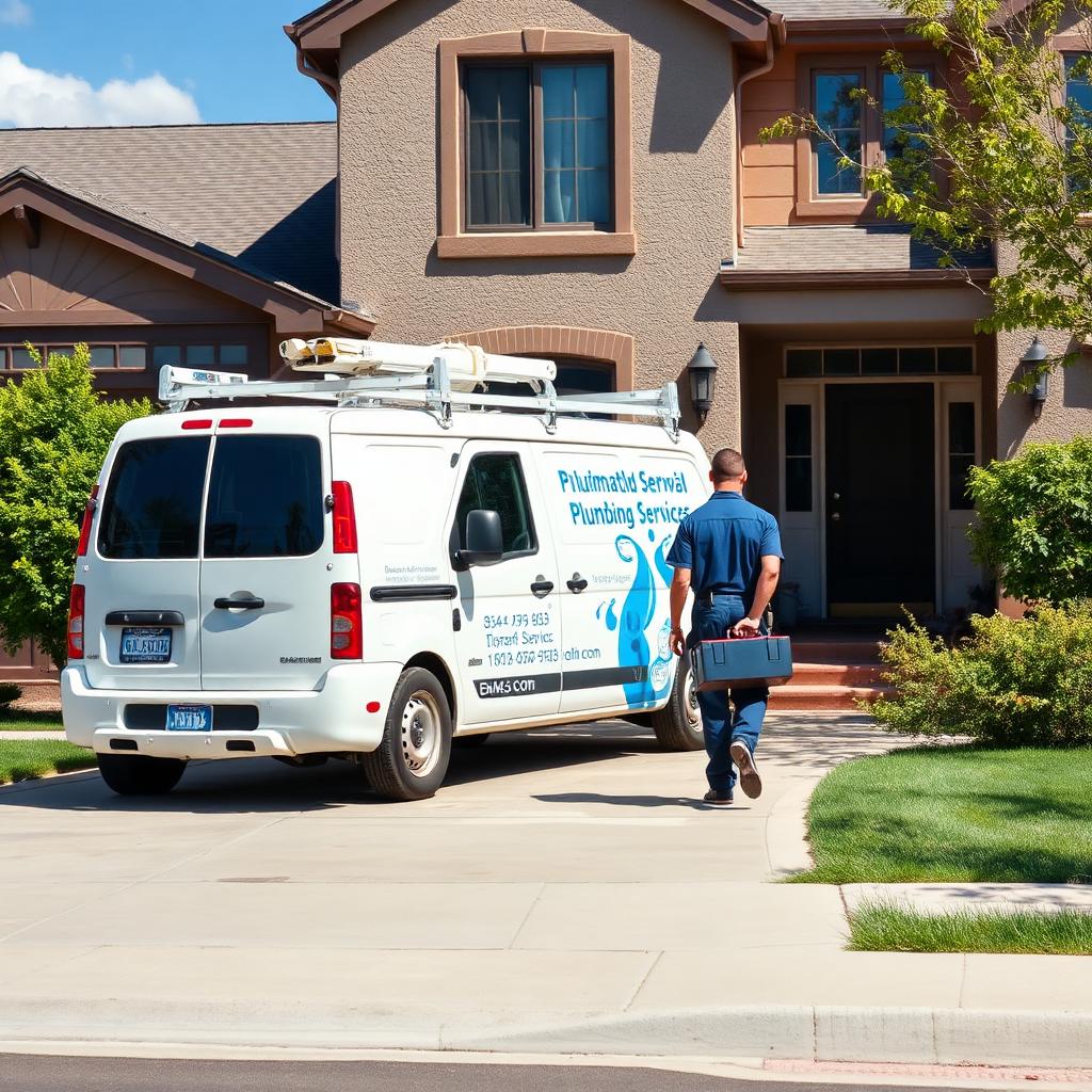 FlowRight Plumbing service van parked in front of a Denver residential home with uniformed plumber approaching the front door.