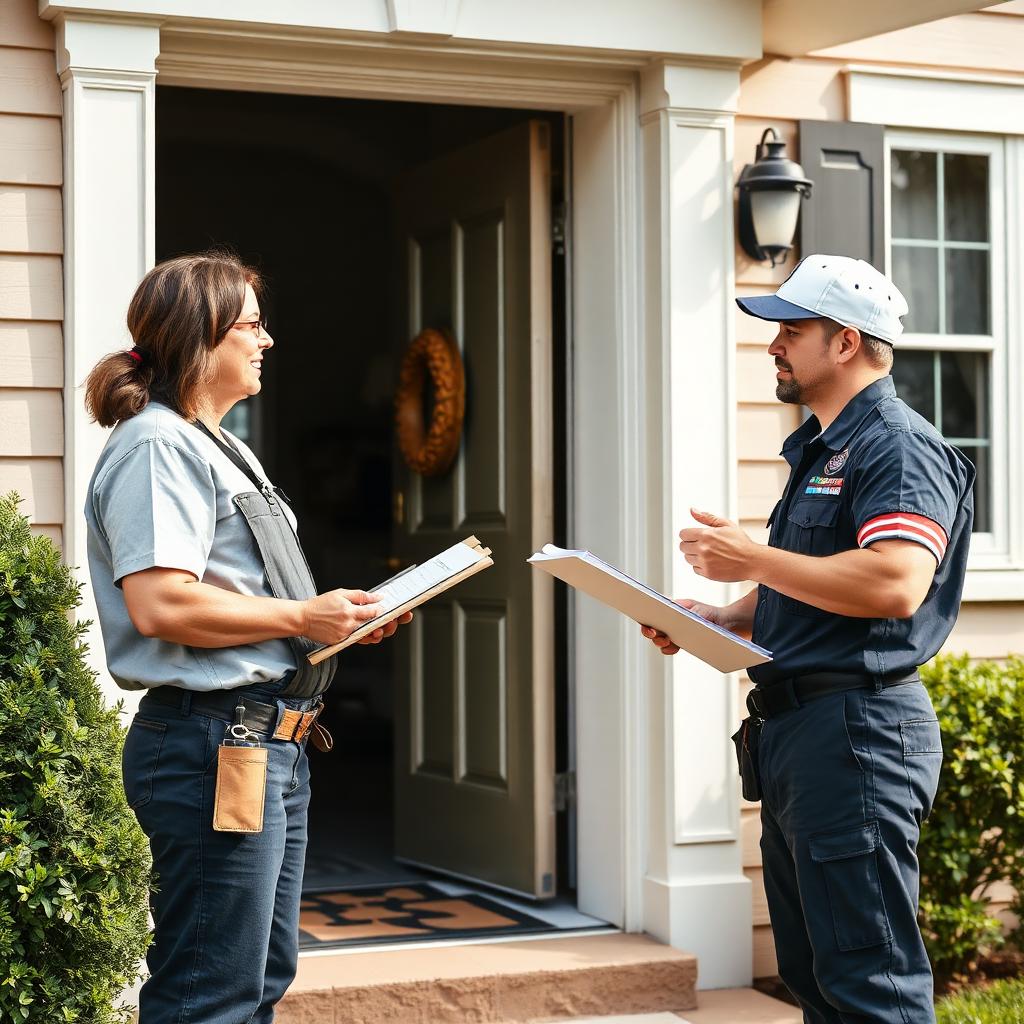 Plumber presenting a written estimate on a clipboard to a homeowner.