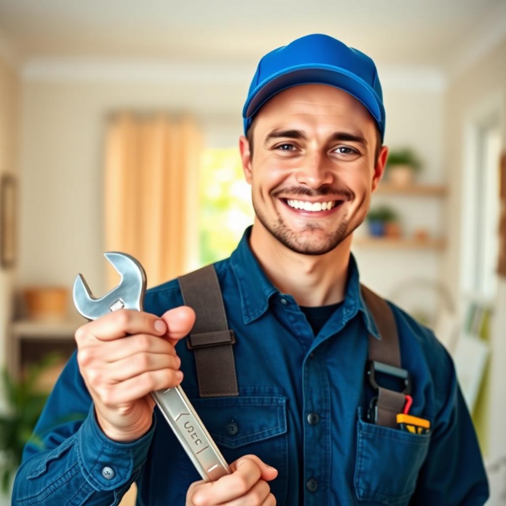 Friendly FlowRight plumber smiling at the camera while holding a wrench.