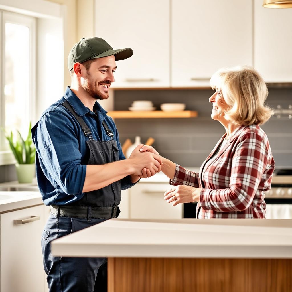 FlowRight Plumbing technician shaking hands with a satisfied homeowner after completing a plumbing repair.